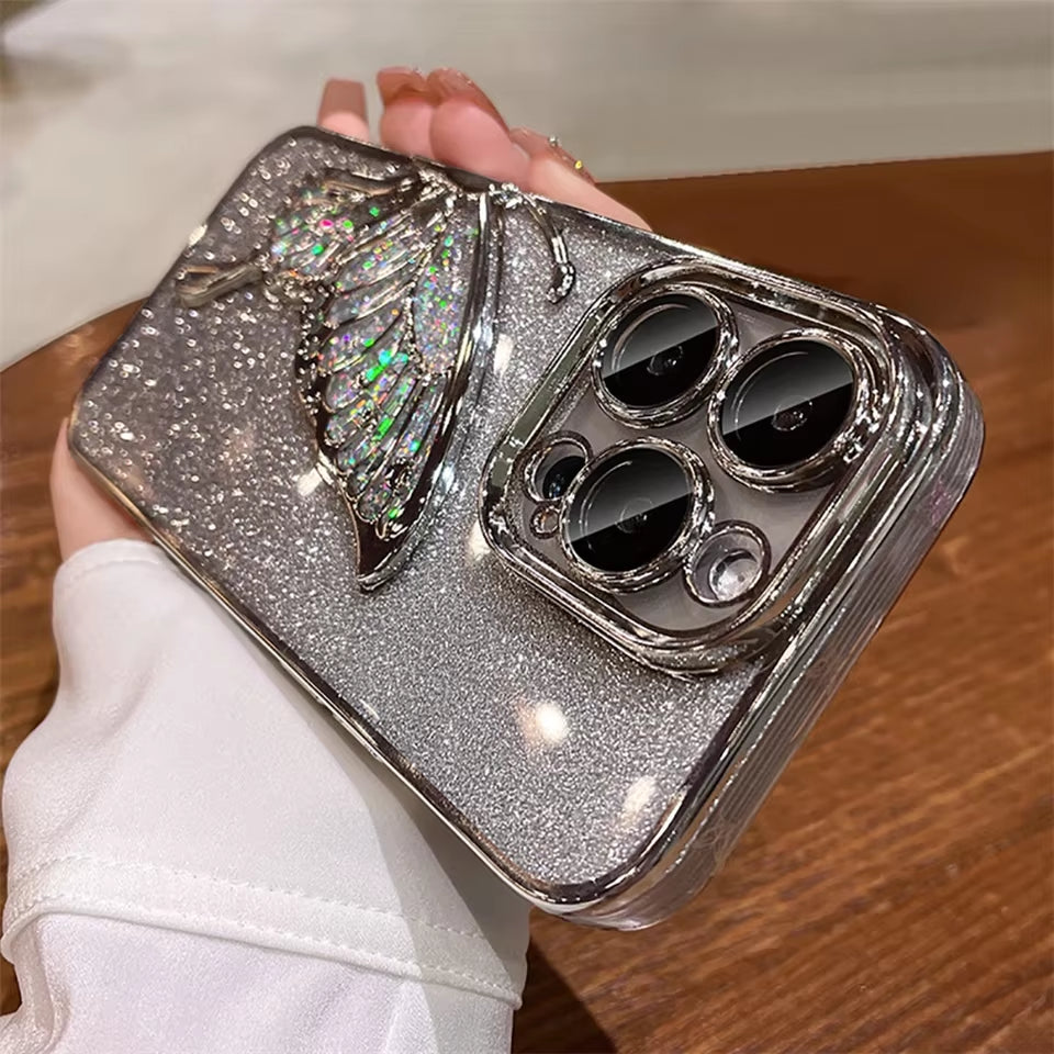 3D Cartoon Butterfly Quicksand Phone Case for Iphone 16 11 12 13 14 15Pro Max plus Plating Lens Protective Film Shockproof Cover