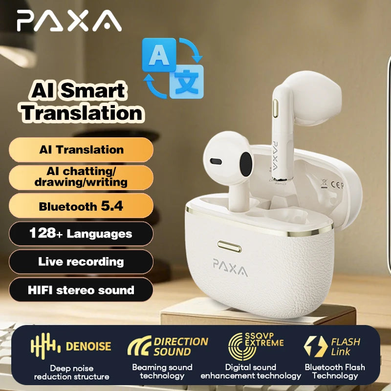 PAXA T06 AI Translation Headphones 128 languages Smart Wireless Bluetooth Earphones 5.4 Hi-Fi Low latency HD Call Music Headset