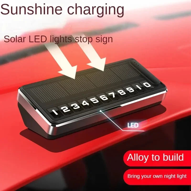 1PC Solar Car Phone Number Plate Led Lighting Temporary Parking Card Hidden Plates Car Park Stop Multiple Number Parking Gadgets