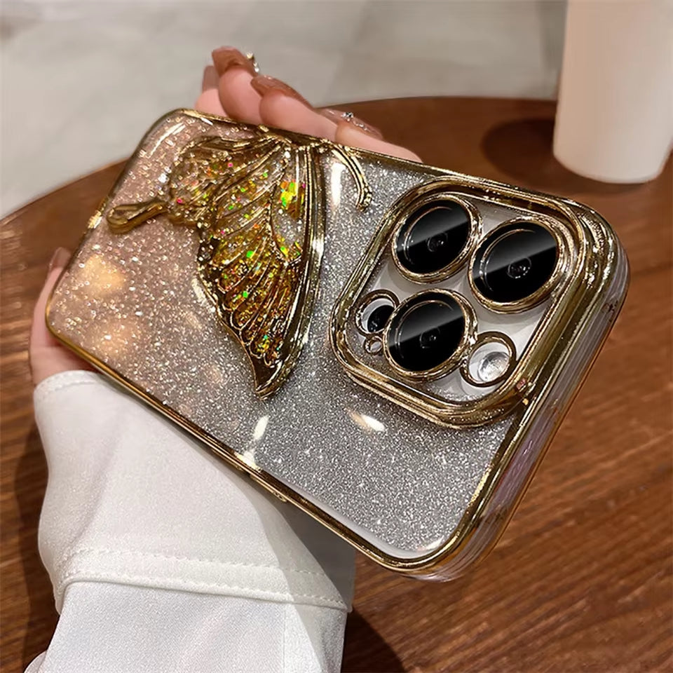 3D Cartoon Butterfly Quicksand Phone Case for Iphone 16 11 12 13 14 15Pro Max plus Plating Lens Protective Film Shockproof Cover