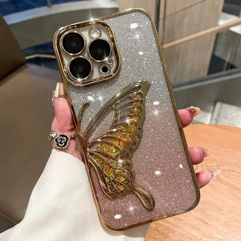 3D Cartoon Butterfly Quicksand Phone Case for Iphone 16 11 12 13 14 15Pro Max plus Plating Lens Protective Film Shockproof Cover
