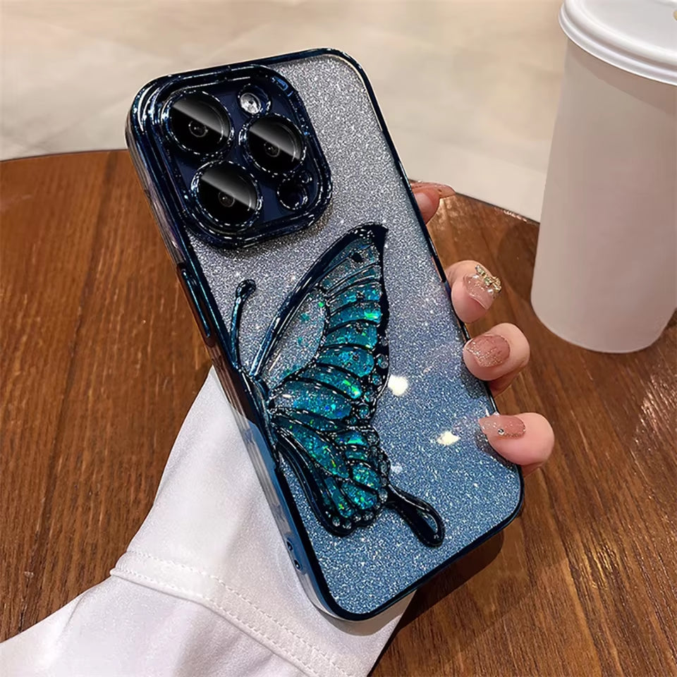 3D Cartoon Butterfly Quicksand Phone Case for Iphone 16 11 12 13 14 15Pro Max plus Plating Lens Protective Film Shockproof Cover