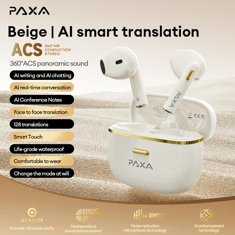 PAXA T06 AI Translation Headphones 128 languages Smart Wireless Bluetooth Earphones 5.4 Hi-Fi Low latency HD Call Music Headset