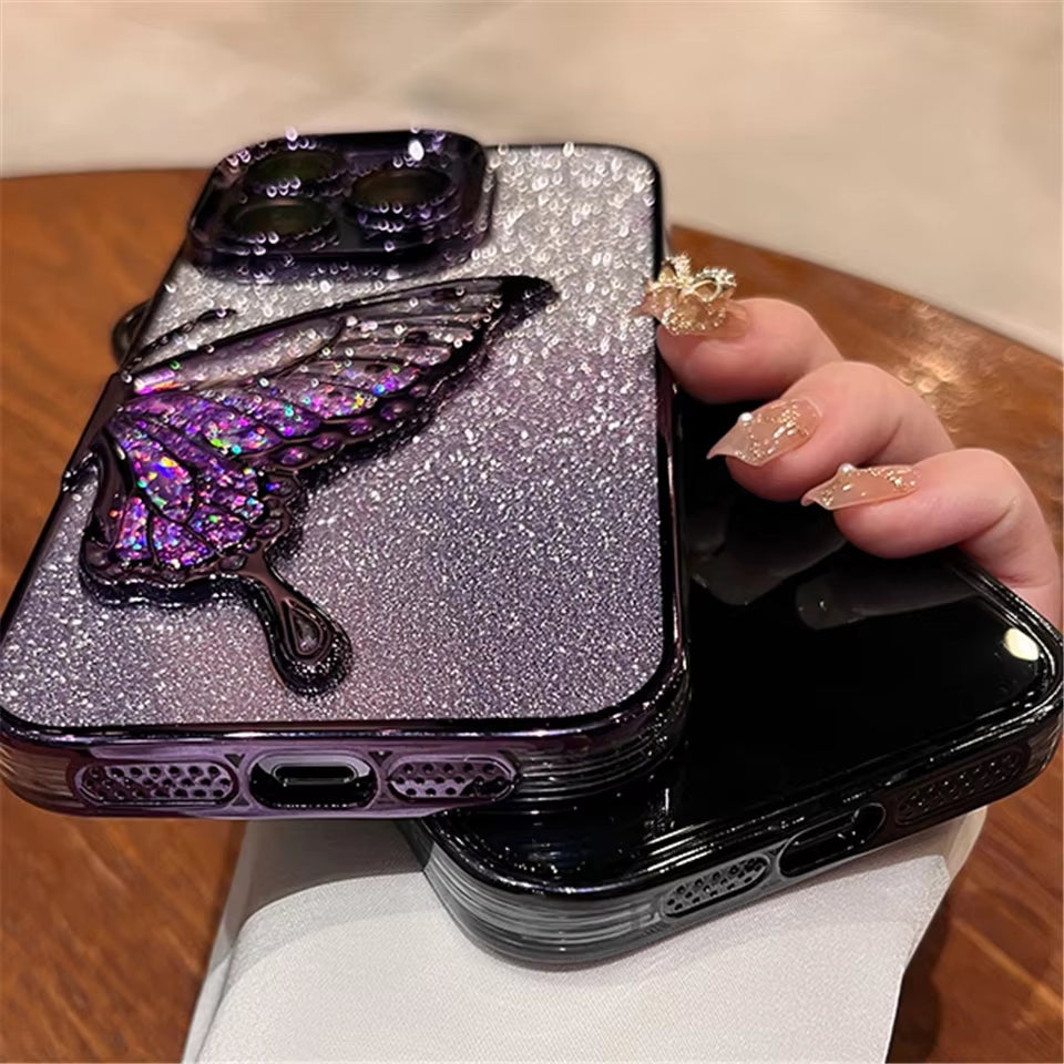 3D Cartoon Butterfly Quicksand Phone Case for Iphone 16 11 12 13 14 15Pro Max plus Plating Lens Protective Film Shockproof Cover