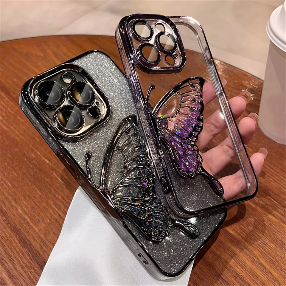 3D Cartoon Butterfly Quicksand Phone Case for Iphone 16 11 12 13 14 15Pro Max plus Plating Lens Protective Film Shockproof Cover