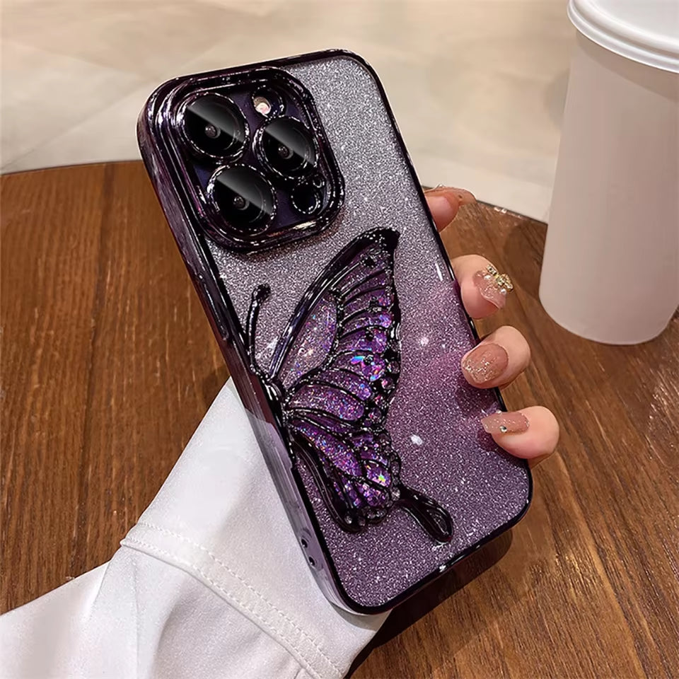 3D Cartoon Butterfly Quicksand Phone Case for Iphone 16 11 12 13 14 15Pro Max plus Plating Lens Protective Film Shockproof Cover