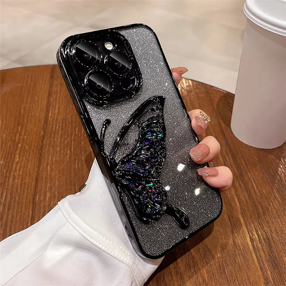 3D Cartoon Butterfly Quicksand Phone Case for Iphone 16 11 12 13 14 15Pro Max plus Plating Lens Protective Film Shockproof Cover