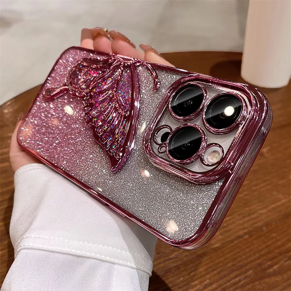 3D Cartoon Butterfly Quicksand Phone Case for Iphone 16 11 12 13 14 15Pro Max plus Plating Lens Protective Film Shockproof Cover